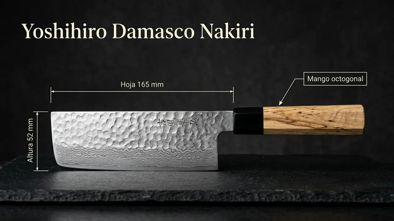 Medidas del cuchillo Yoshihiro Damasco Nakiri: 165 mm de hoja rectangular, 52 mm de altura y mango octogonal de ambrosía