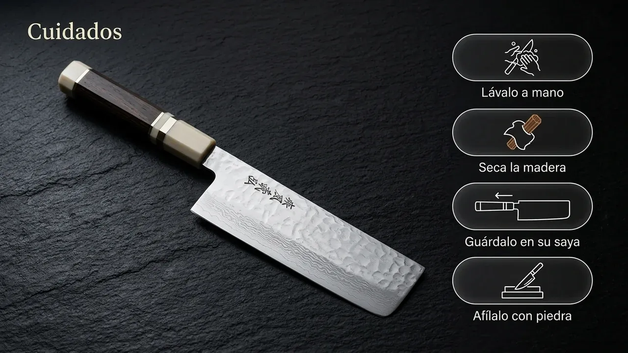 Cuidados del cuchillo Yoshihiro Damasco Nakiri: lavar a mano, secar la madera, guardar en su saya y afilar con piedra al agua