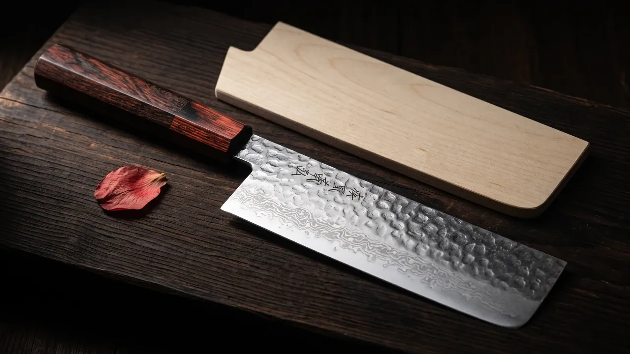 Cuchillo Yoshihiro Nakiri de 165 mm con hoja rectangular de damasco martillado y mango octogonal de palisandro sobre piedra zen gris, con su saya detrás