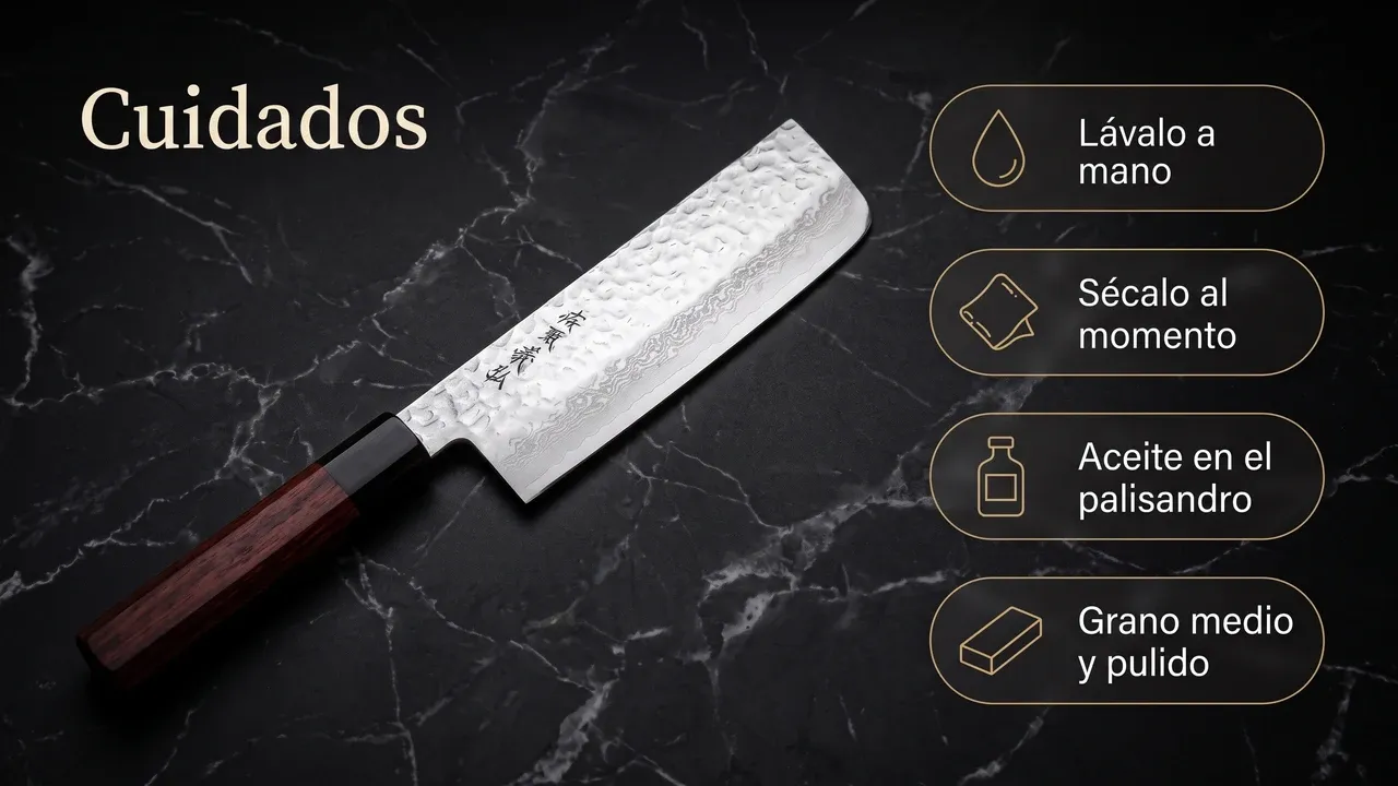 Cuidados del Yoshihiro Nakiri de palisandro sobre cemento pulido: lavado a mano, secado del shitan, guardado en saya y afilado con piedra al agua