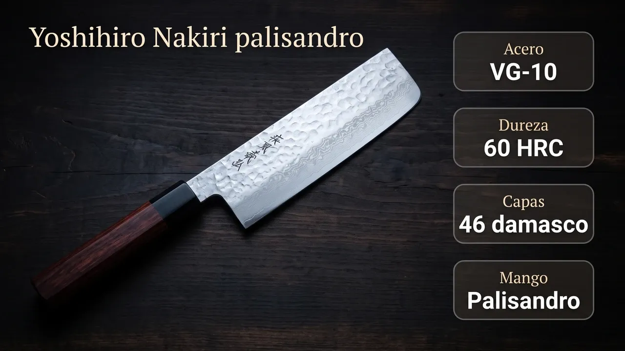 Datos del Yoshihiro Nakiri de palisandro: núcleo VG-10, 60 HRC, 46 capas de damasco martillado y mango octogonal de shitan