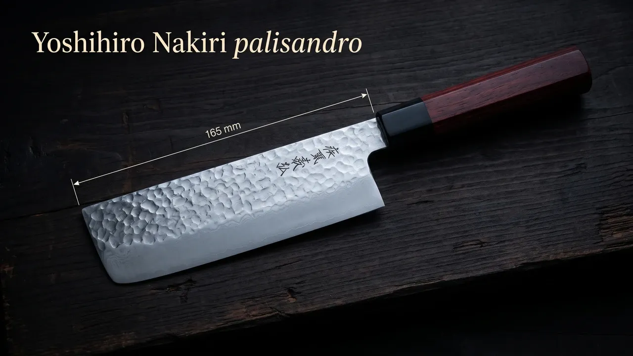 Cota de la hoja del Yoshihiro Nakiri de palisandro sobre piedra zen: 165 mm medidos de la punta al talón