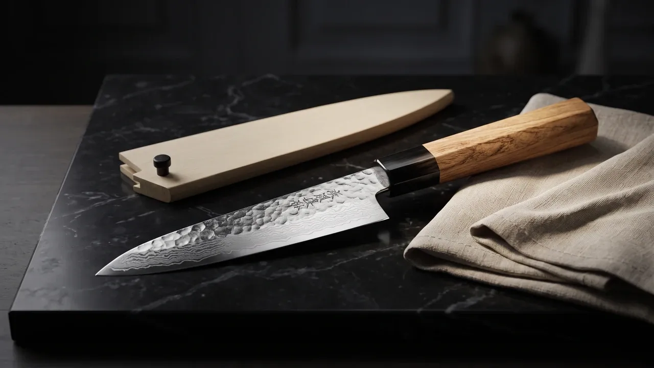 Cuchillo Yoshihiro NSW deshuesador de 152 mm con hoja de damasco martillado VG-10 sobre cemento pulido claro, con su saya de madera al lado