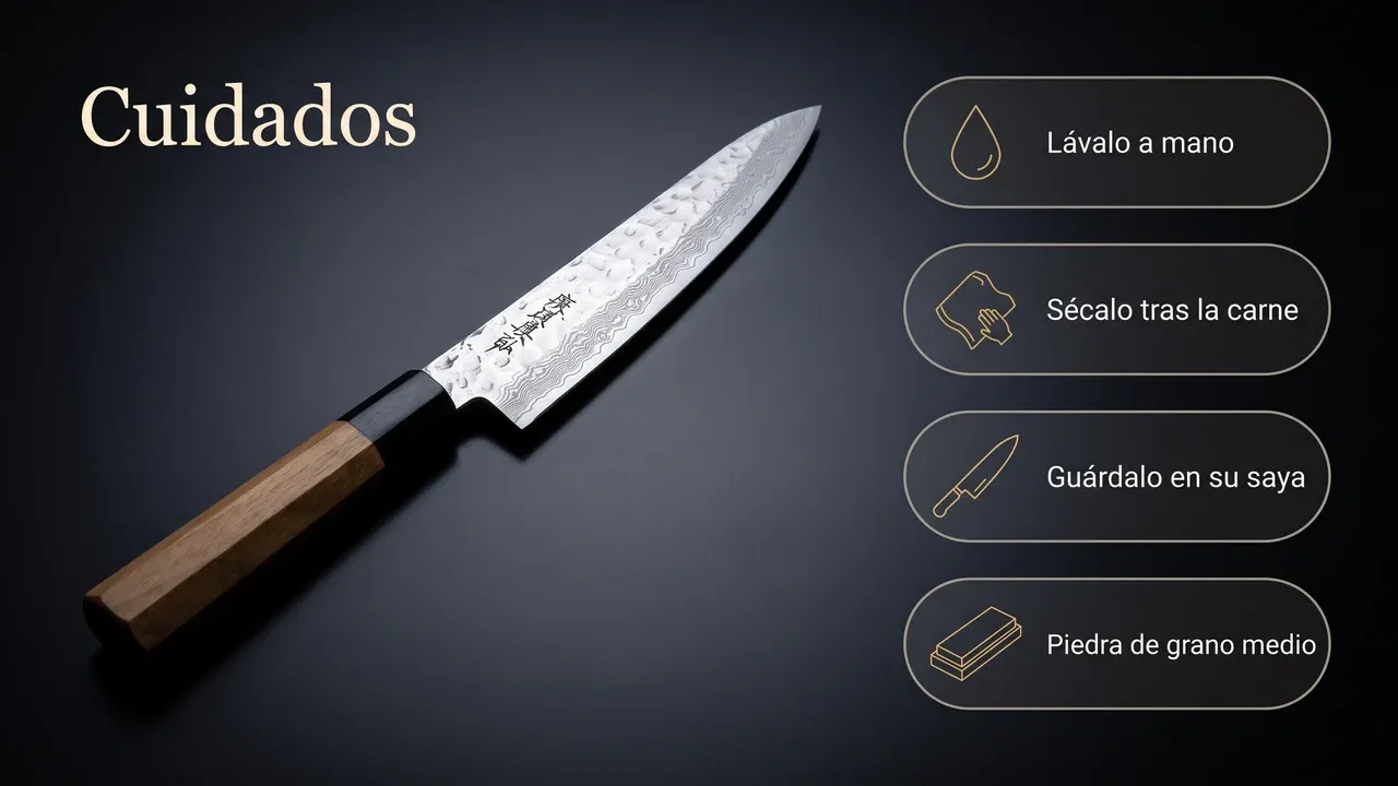 Cuidados del Yoshihiro NSW deshuesador sobre laca oscura: lavado a mano, secado inmediato, guardado en su saya y afilado con piedra al agua
