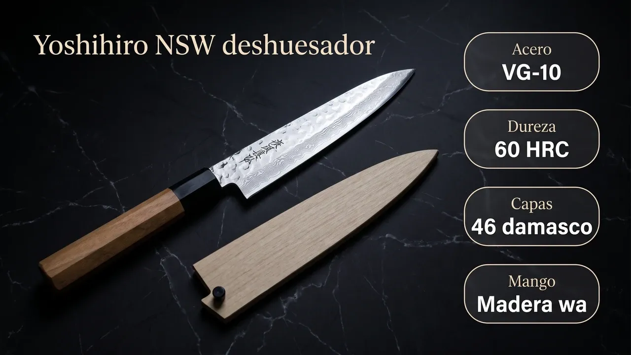 Datos del Yoshihiro NSW deshuesador: núcleo VG-10, 60 HRC, 46 capas de damasco martillado y mango wa de madera clara