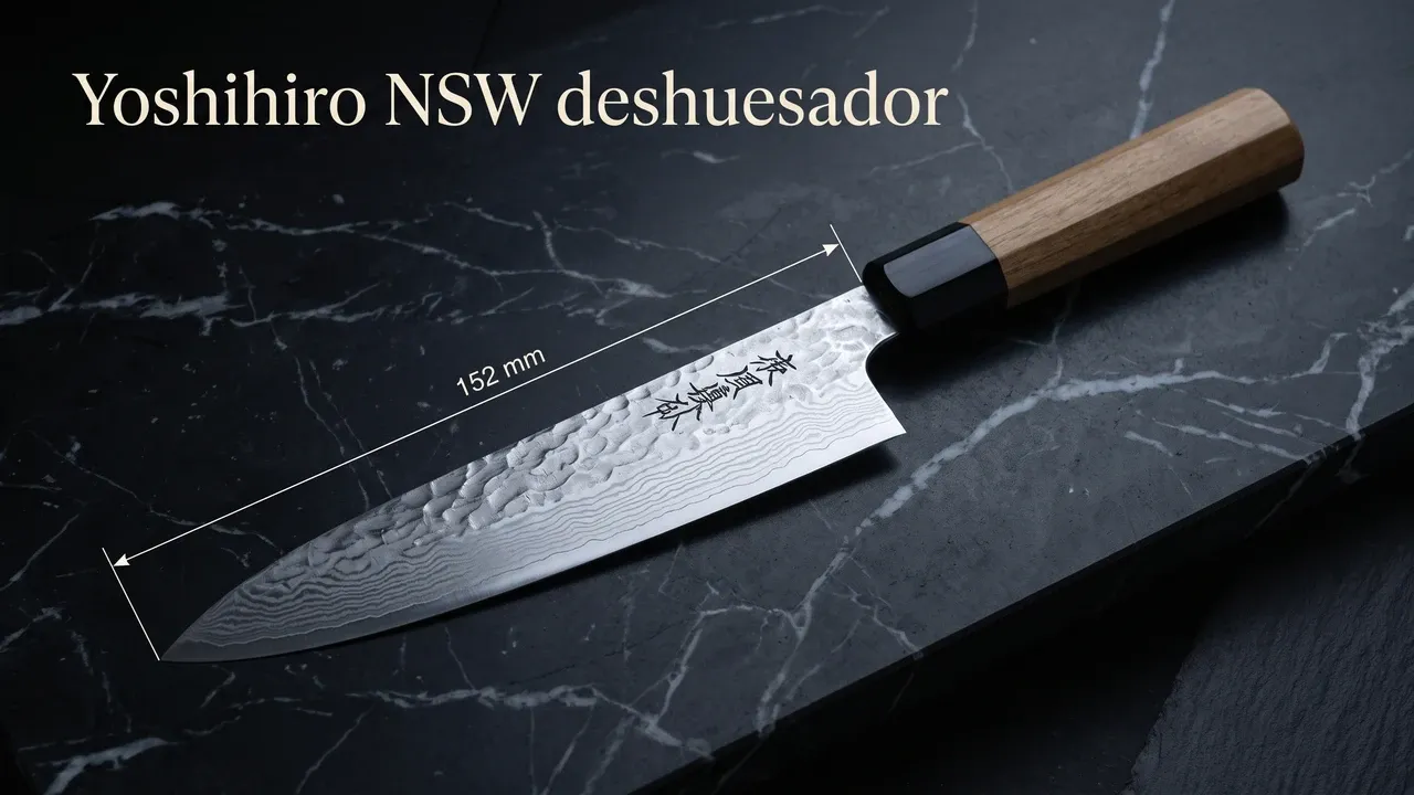 Cota de la hoja del Yoshihiro NSW deshuesador sobre cemento pulido: 152 mm medidos de la punta a la virola