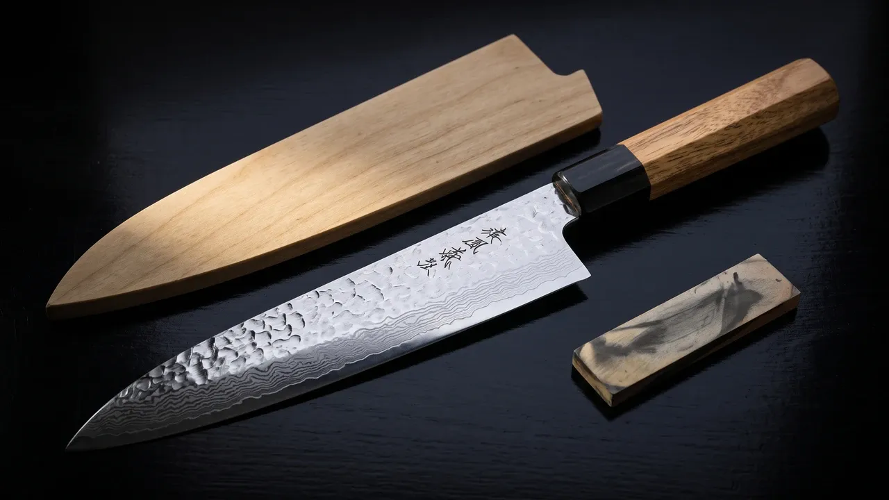 Cuchillo Yoshihiro NSW Gyuto de 180 mm con hoja de damasco martillado VG-10 y mango octogonal de ambrosía sobre laca oscura, junto a su saya de madera