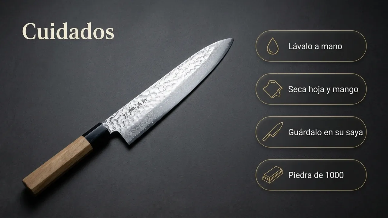 Cuidados del Yoshihiro NSW Gyuto de 18 cm sobre pizarra: lavado a mano, secado del mango de ambrosía, guardado en saya y afilado con piedra
