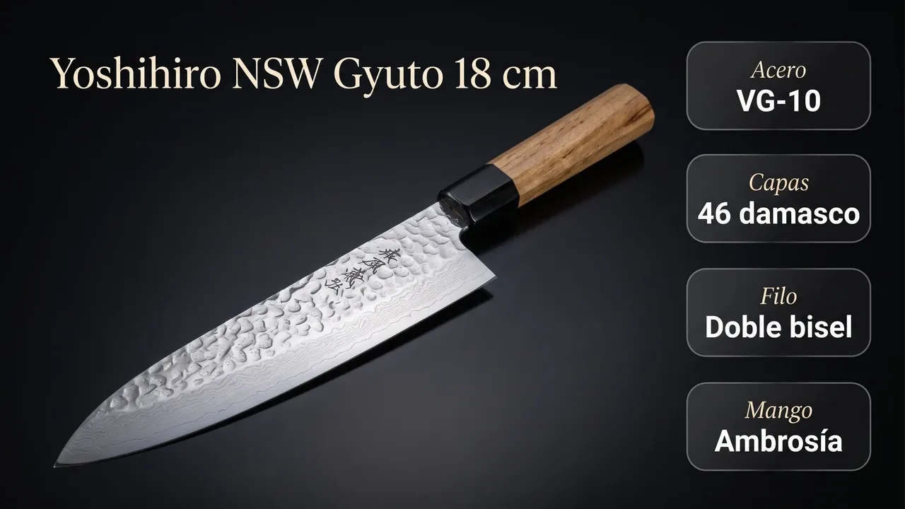 Datos del Yoshihiro NSW Gyuto de 18 cm: núcleo VG-10, 46 capas de damasco martillado, mango de ambrosía y virola de cuerno de búfalo