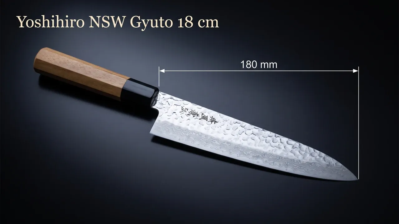Cota de la hoja del Yoshihiro NSW Gyuto de 18 cm sobre laca oscura: 180 mm medidos de la punta a la virola