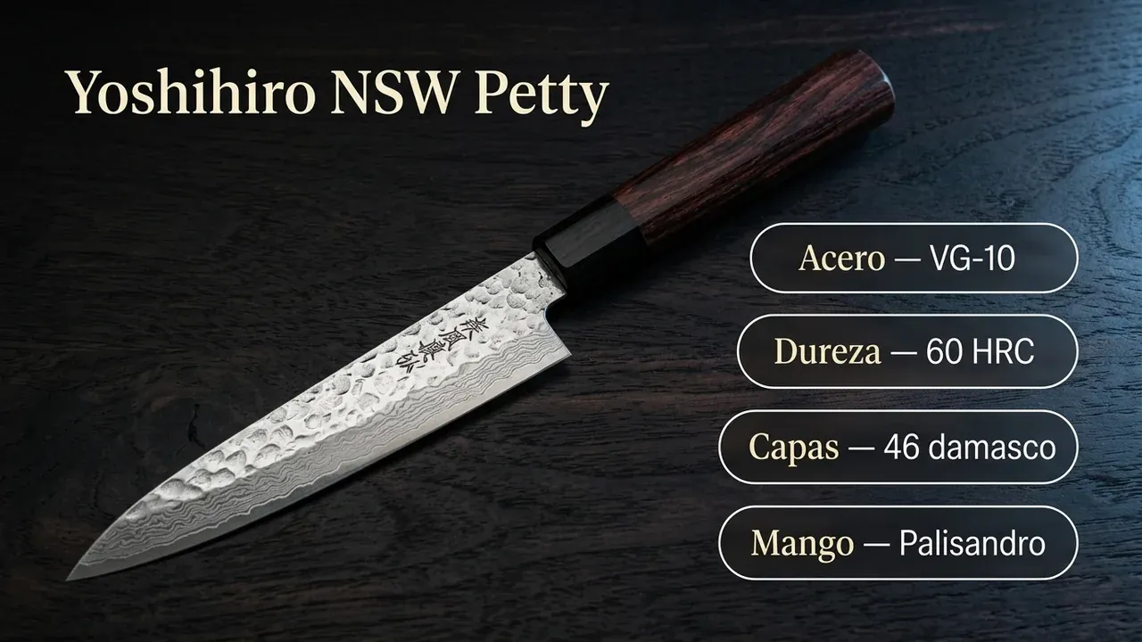 Ficha técnica del Yoshihiro NSW Damasco Petty: núcleo VG-10, 60 HRC de dureza, 46 capas de damasco martillado y mango de palisandro