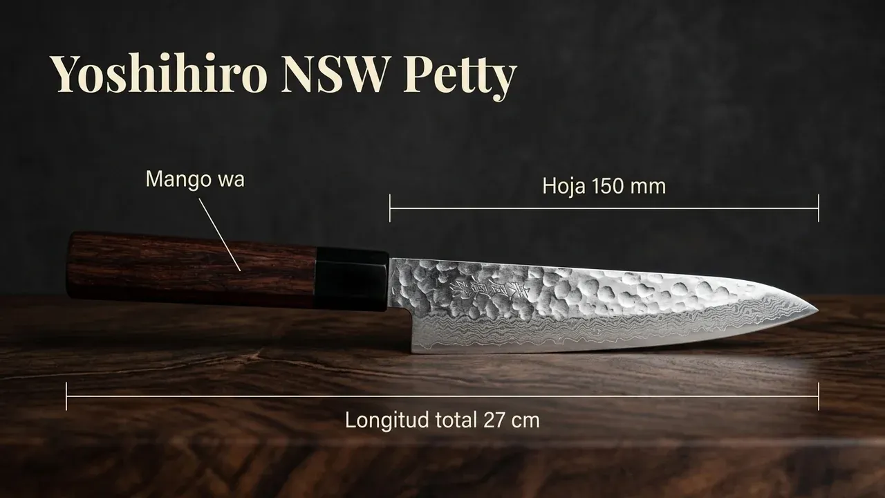 Medidas del cuchillo Yoshihiro NSW Damasco Petty: 150 mm de hoja, 27 cm de longitud total y mango wa de palisandro shitan