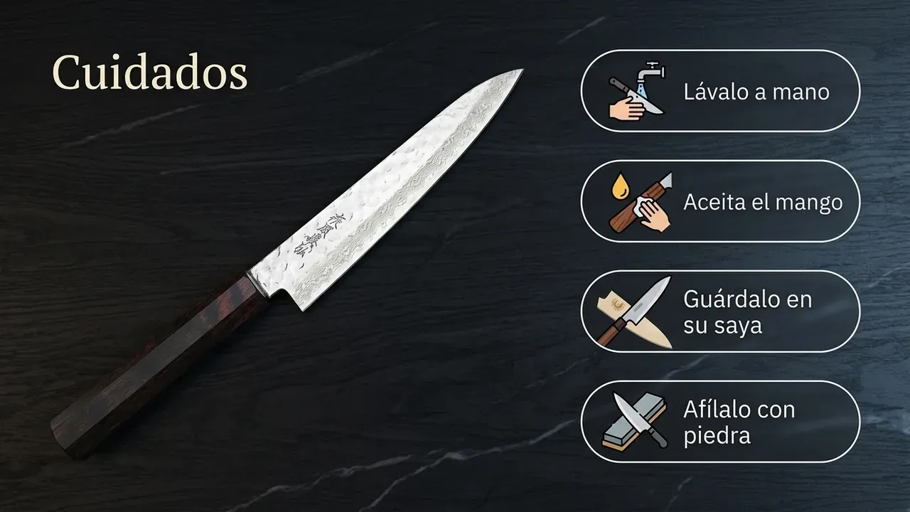 Cuidados del cuchillo Yoshihiro NSW Damasco Petty: lavar a mano, aceitar el mango de madera, guardar en su saya y afilar con piedra