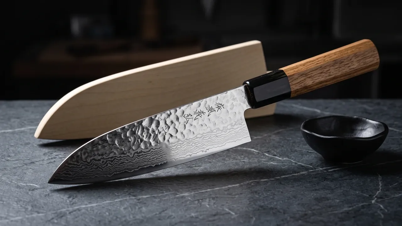 Cuchillo Yoshihiro NSW santoku de 178 mm con hoja de damasco martillado VG-10 y mango de magnolia sobre papel texturado claro, junto a su saya