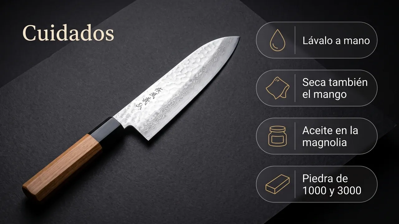 Cuidados del Yoshihiro NSW santoku sobre piedra zen gris: lavado a mano, secado del mango de magnolia, guardado en saya y afilado con piedra