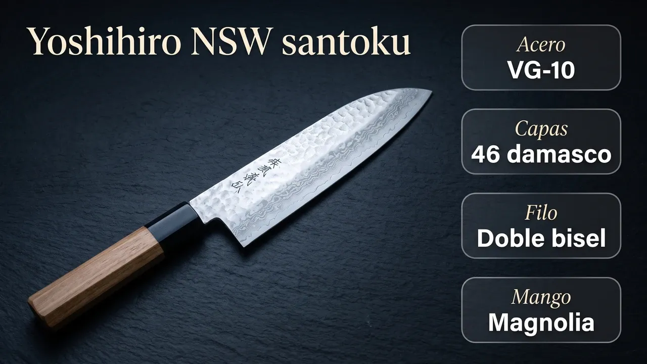 Datos del Yoshihiro NSW santoku: núcleo VG-10, 46 capas de damasco martillado, mango de magnolia y virola de cuerno de búfalo