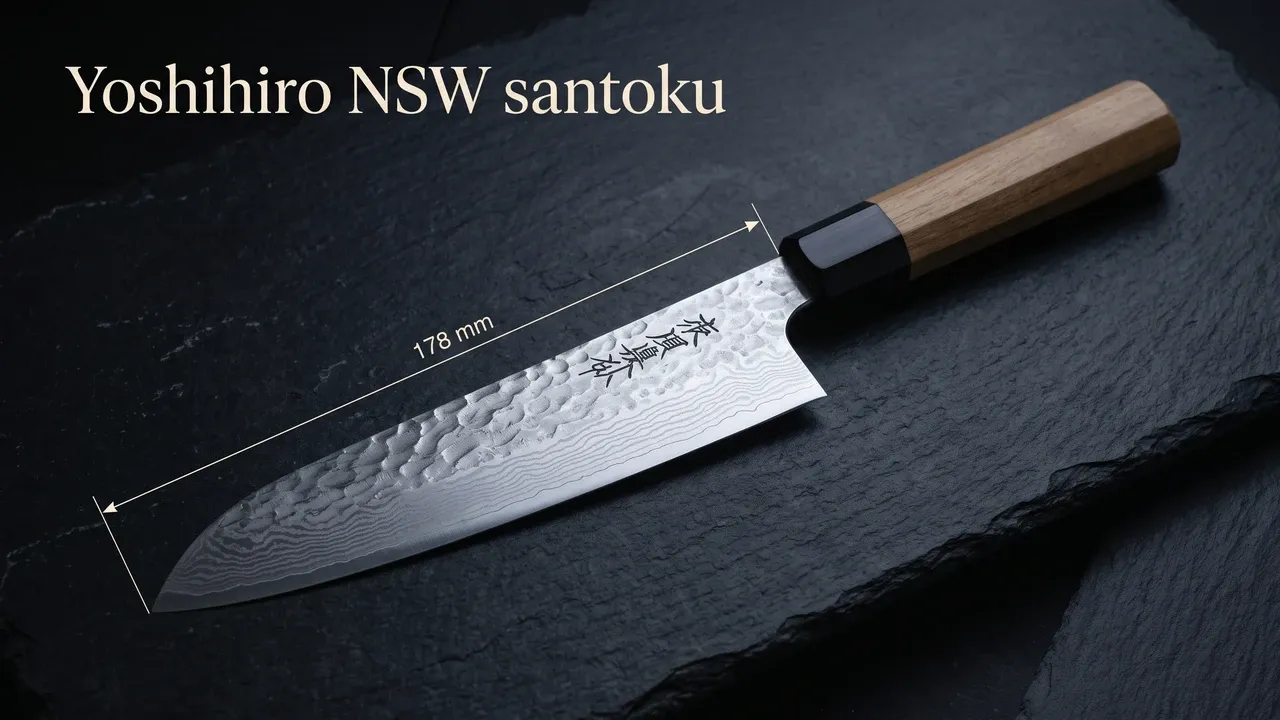 Cota de la hoja del Yoshihiro NSW santoku sobre papel texturado: 178 mm medidos de la punta a la virola
