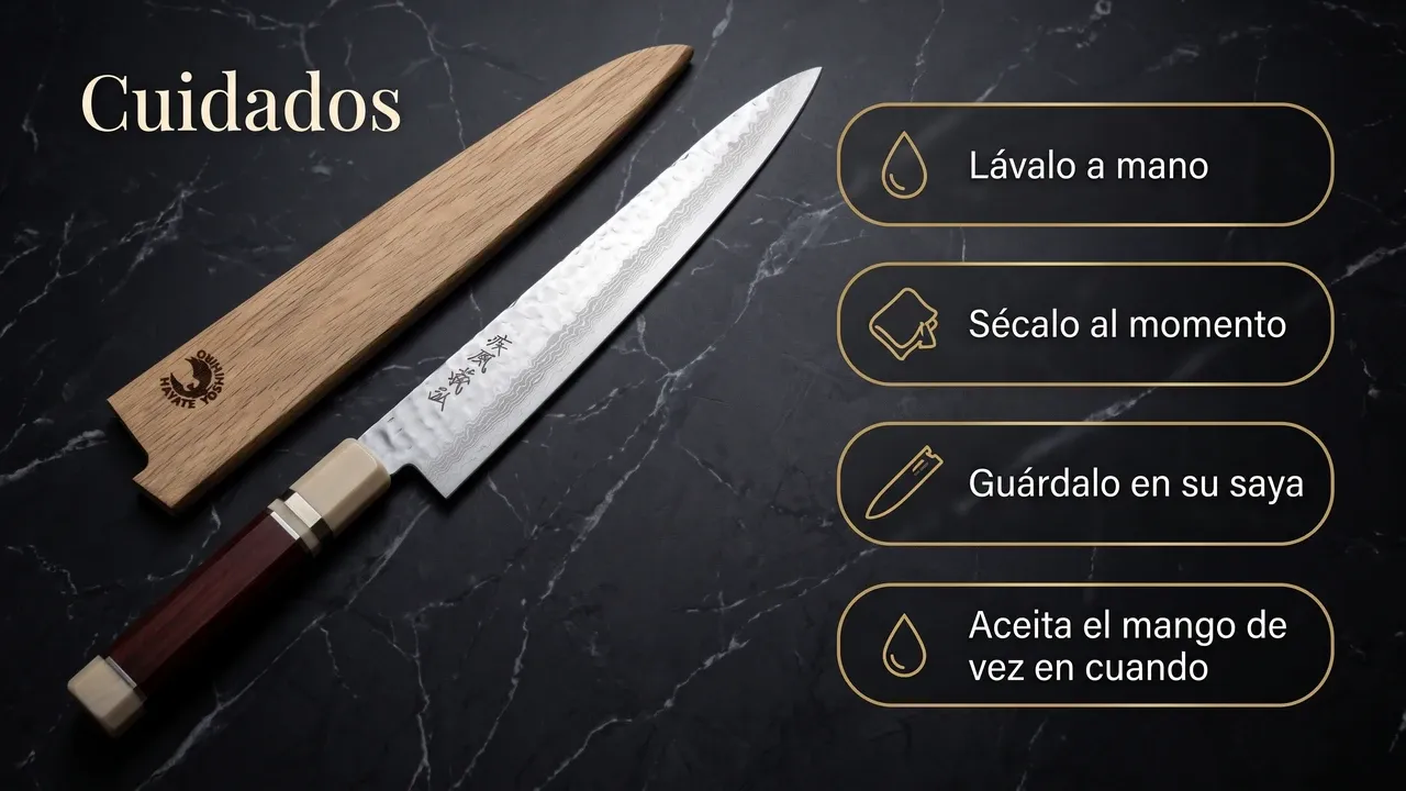 Cuidados del Yoshihiro NSW Sujihiki junto a su saya sobre mármol negro: lavarlo a mano, secarlo al momento, guardarlo en su saya y aceitar el mango