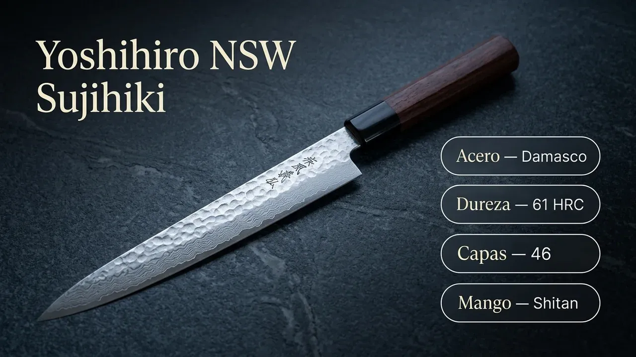 Ficha técnica del Yoshihiro NSW Damasco Sujihiki: 46 capas de damasco martillado, 61 HRC de dureza y mango wa de madera de shitan