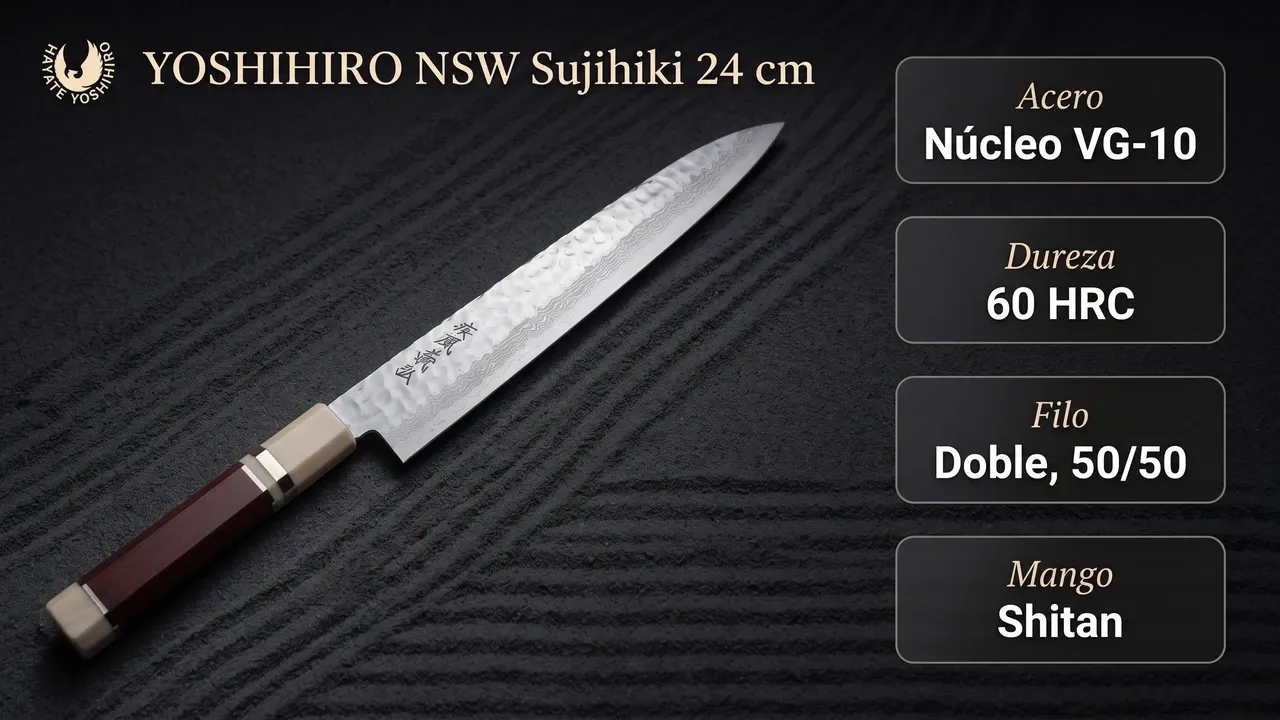 Datos técnicos del Yoshihiro NSW Sujihiki: núcleo de VG-10, 60 HRC, filo doble 50/50 y mango de shitan
