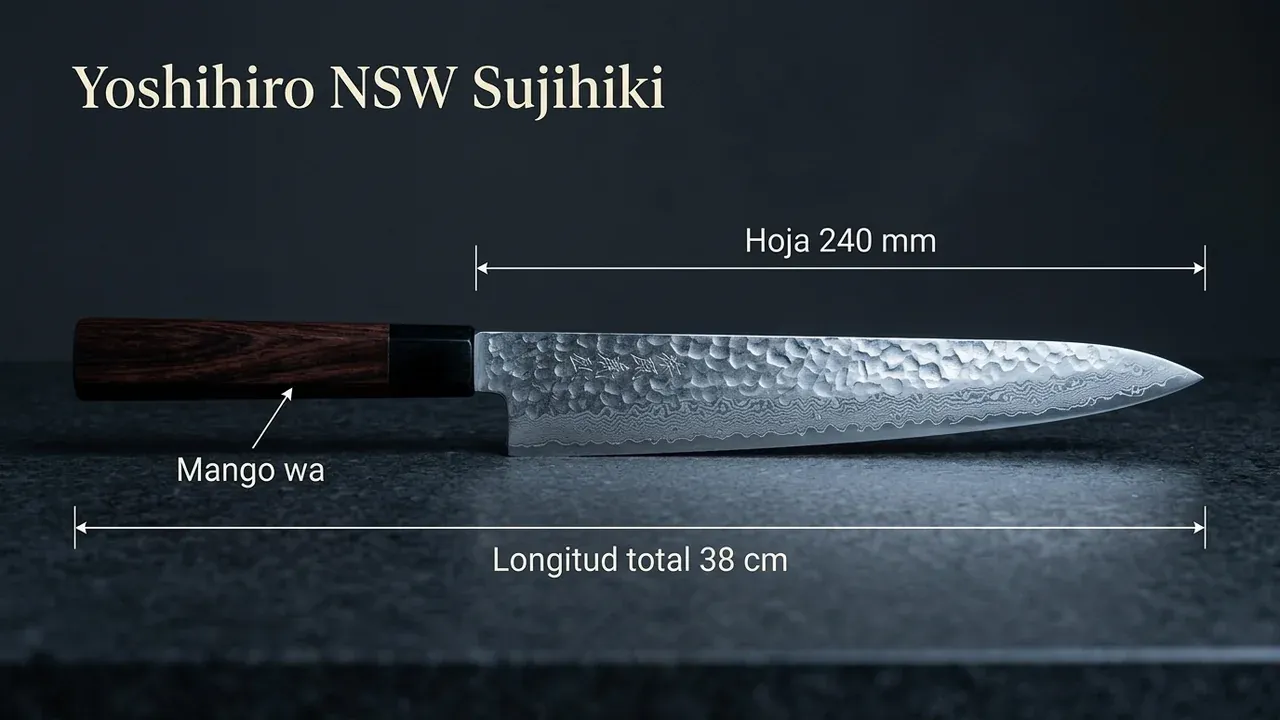 Medidas del cuchillo Yoshihiro NSW Damasco Sujihiki: 240 mm de hoja larga y estrecha, 38 cm de longitud total y mango wa de shitan