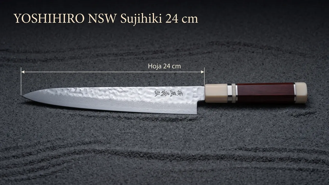 Medidas del Yoshihiro NSW Sujihiki sobre arena zen oscura: 24 cm de hoja, de la punta a la virola de cuerno