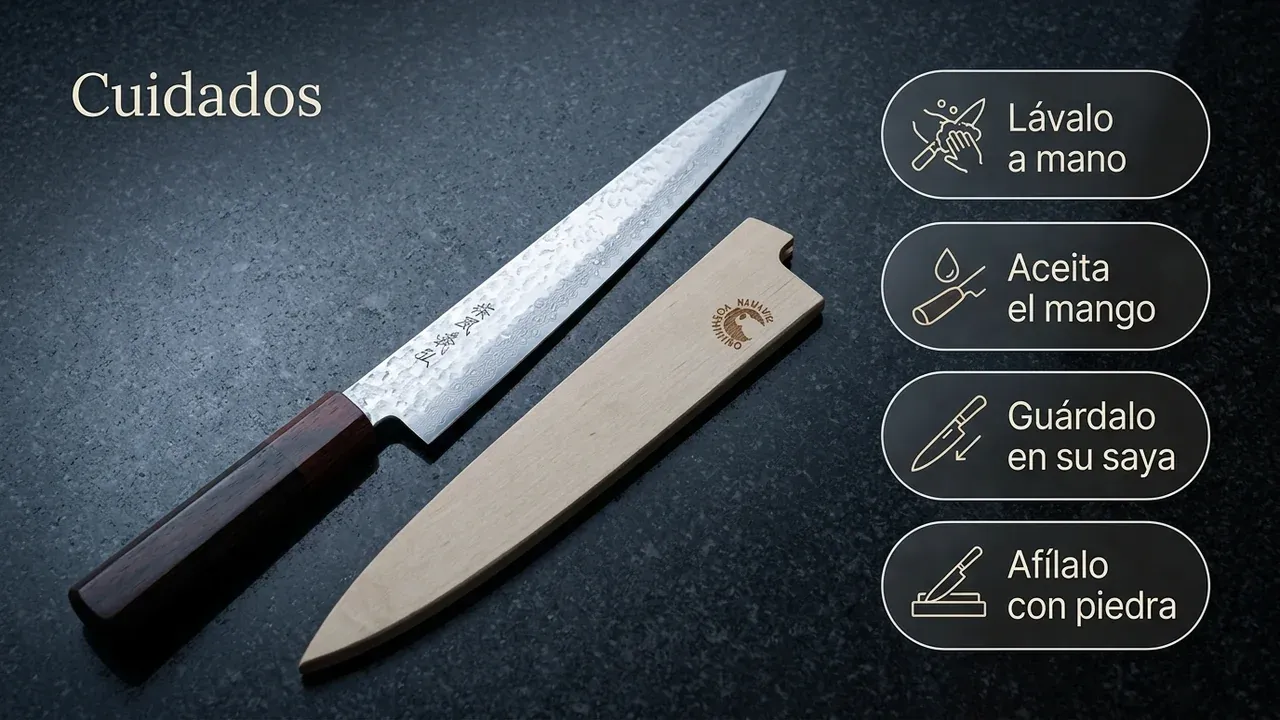 Cuidados del cuchillo Yoshihiro NSW Damasco Sujihiki: lavar a mano, aceitar el mango, guardar en su saya y afilar con piedra al agua