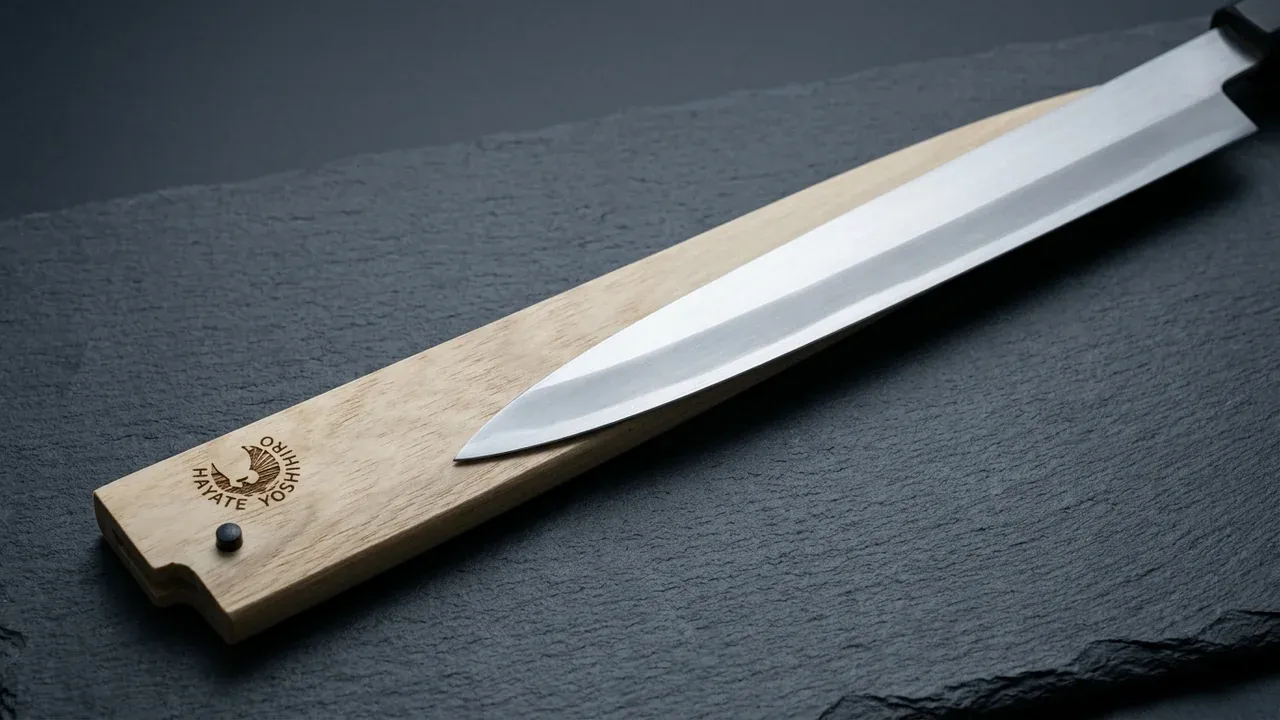Saya Yoshihiro de madera de magnolia con un cuchillo yanagiba medio insertado, mostrando cómo protege el filo de la hoja