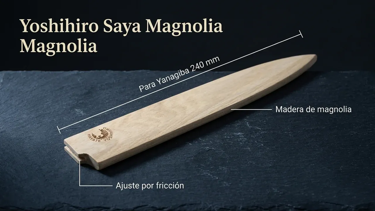 Medidas y datos de la saya Yoshihiro de madera de magnolia para Yanagiba de 240 mm, con pasador de madera