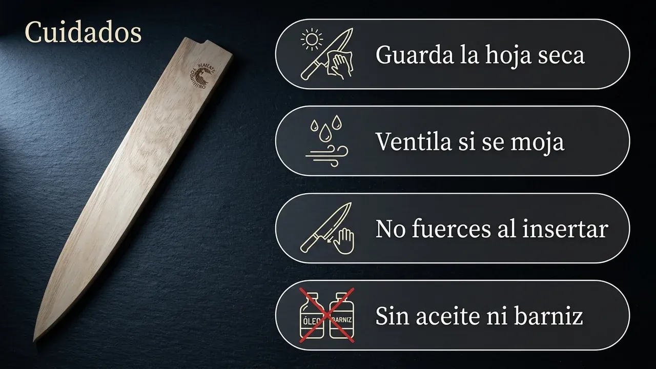 Cuidados de la saya Yoshihiro de magnolia: guardar la hoja seca, ventilar si se moja, no forzar al insertar y sin aceite ni barniz