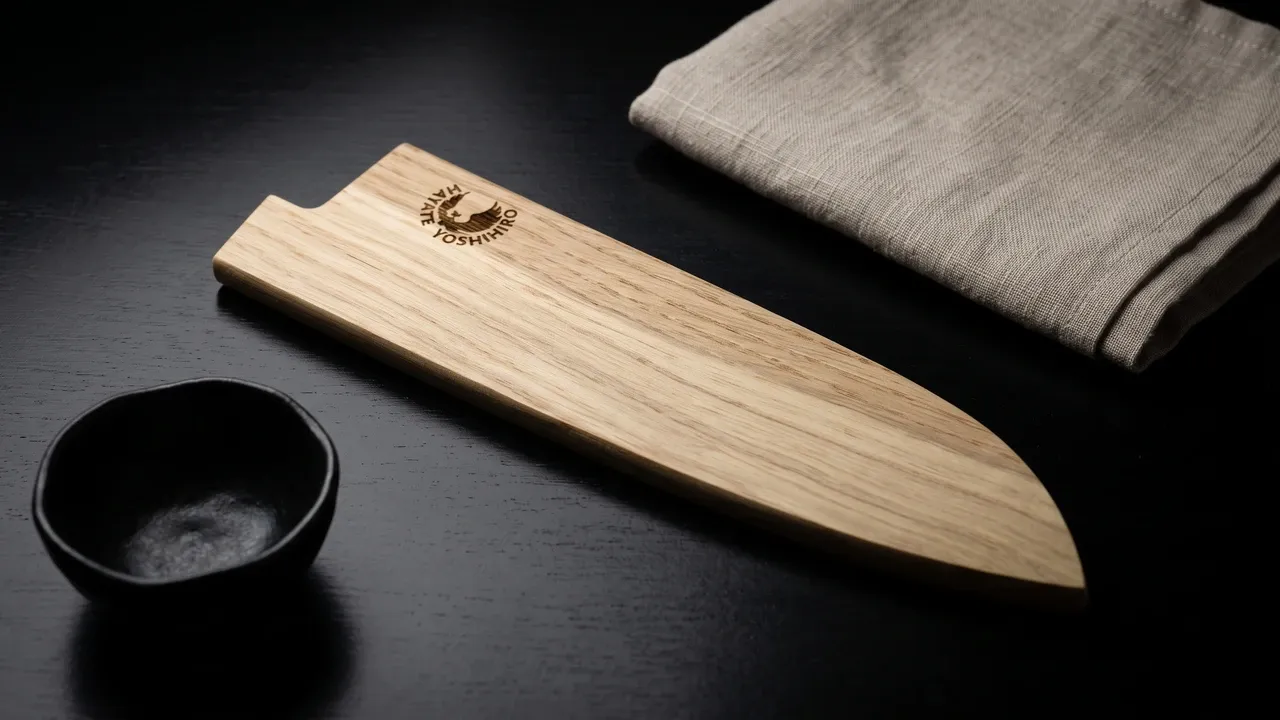 Saya Yoshihiro de madera de magnolia para santoku de 180 mm con el sello de la marca grabado, sobre superficie de mármol negro