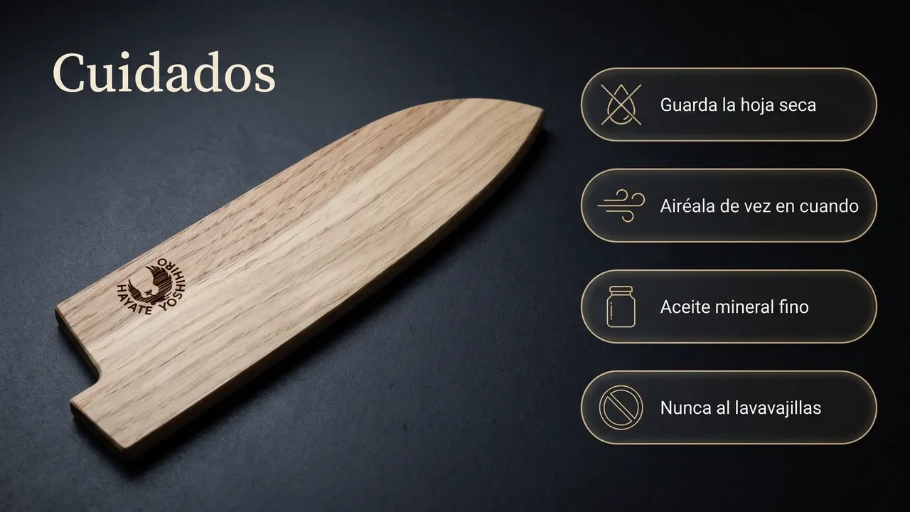 Cuidados de la saya Yoshihiro de magnolia sobre laca oscura: guardar la hoja seca, airear la funda, aceite mineral ocasional y nada de lavavajillas