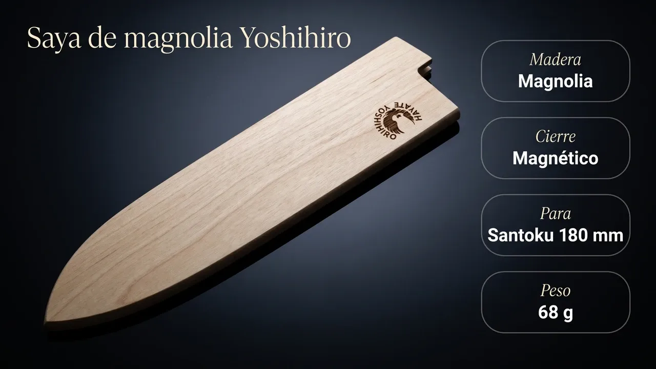 Datos de la saya Yoshihiro: madera de magnolia japonesa, cierre magnético integrado, 68 gramos y compatible con santoku de 180 mm