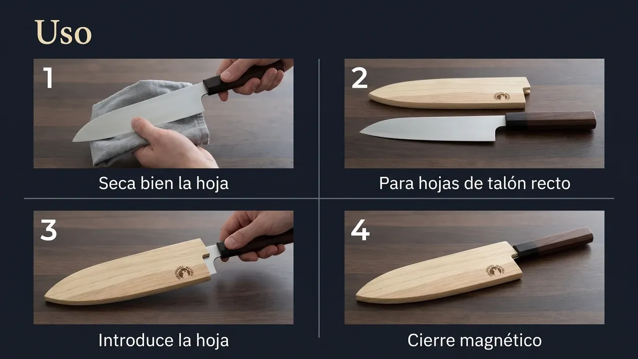 Uso de la saya Yoshihiro para santoku en cuatro pasos: secar la hoja, comprobar que el talón es recto, introducir la hoja y cerrar con el imán