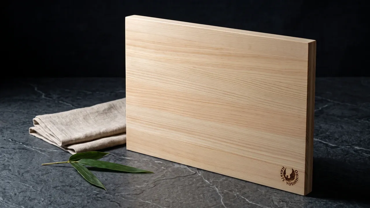 Tabla de corte Yoshihiro de ciprés hinoki de 43 cm con canto de nogal oscuro, apoyada de canto sobre encimera de cemento pulido