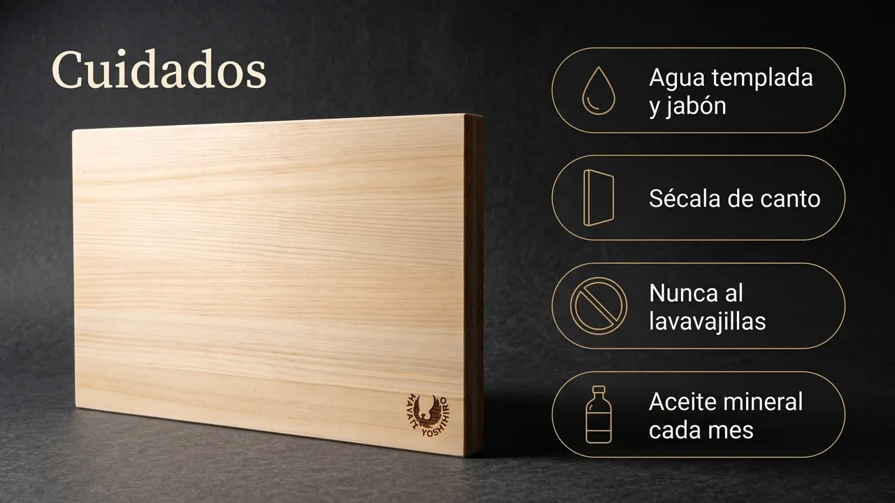 Cuidados de la tabla Yoshihiro de hinoki sobre piedra zen: lavado con agua templada, secado de canto, sin lavavajillas y aceite mineral de vez en cuando