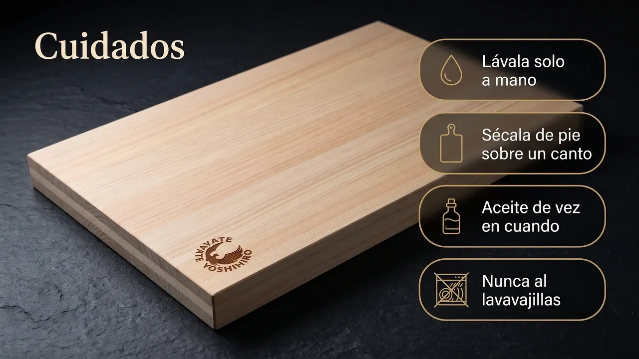 Cuidados de la tabla Yoshihiro de hinoki: lavar solo a mano, secar de pie sobre un canto, aceite de vez en cuando y nunca al lavavajillas