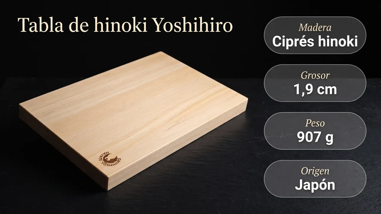 Datos de la tabla Yoshihiro de hinoki: ciprés japonés, canto de nogal contra la torsión, aceites naturales antibacterianos y 907 gramos