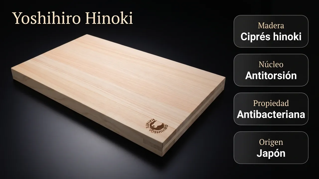 Datos de la tabla Yoshihiro de ciprés hinoki: núcleo antitorsión, madera antibacteriana y fabricada en Japón