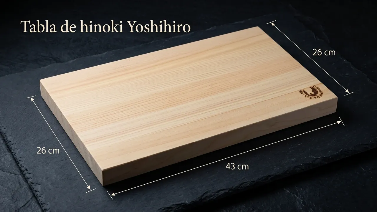 Medidas de la tabla Yoshihiro de hinoki: 43 cm de largo, 26 cm de ancho y 1,9 cm de grosor