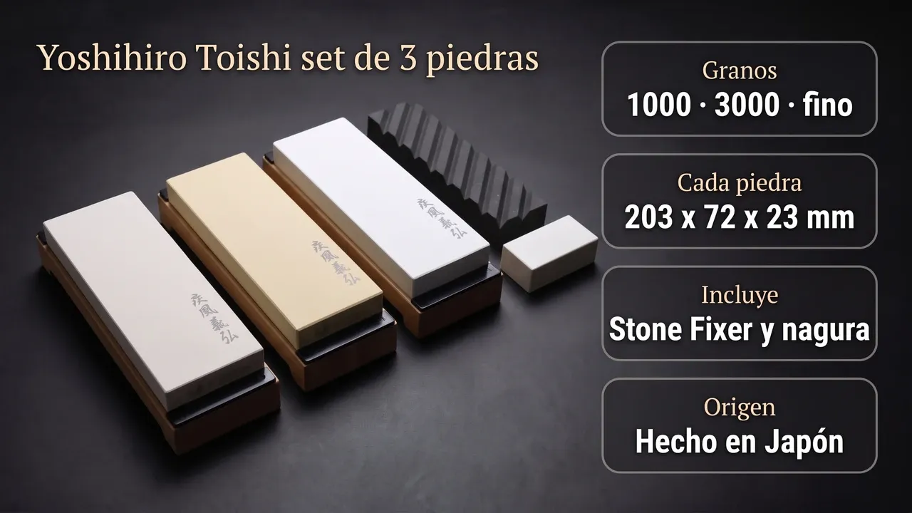 Datos técnicos del set Yoshihiro Toishi: granos 1000, 3000 y fino, piedras de 203 x 72 x 23 mm, Stone Fixer y nagura incluidas, hecho en Japón