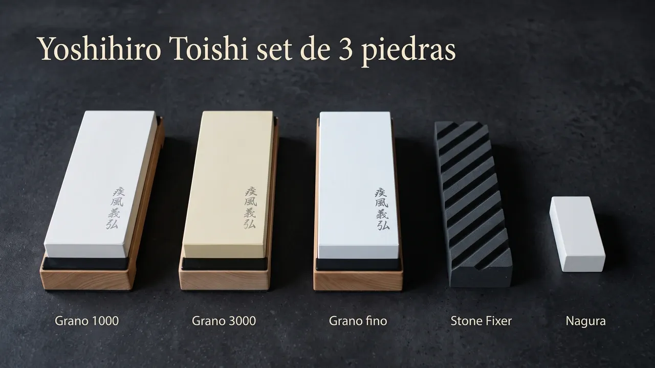 Piezas del set Yoshihiro Toishi: piedras de grano 1000, 3000 y fino sobre sus bases de madera, la piedra Stone Fixer negra y la nagura