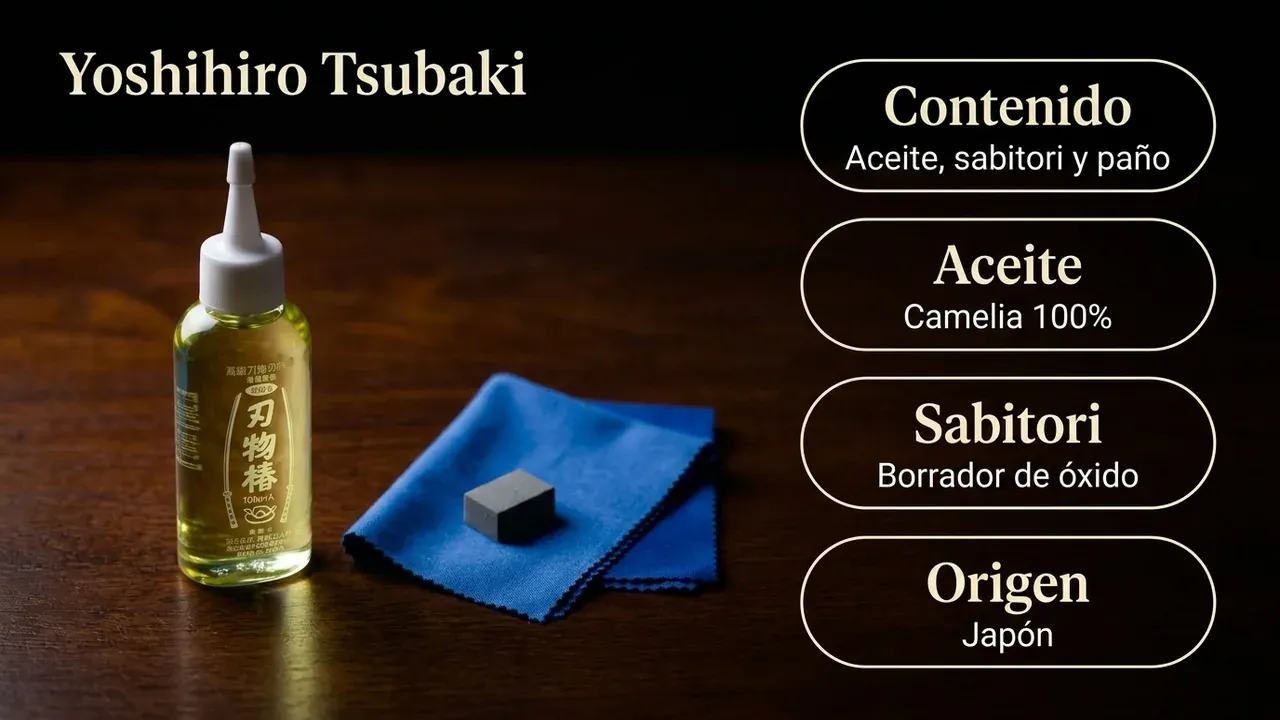 Contenido del kit Yoshihiro Tsubaki: aceite de camelia 100% puro, borrador de óxido sabitori y paño de microfibra, fabricado en Japón
