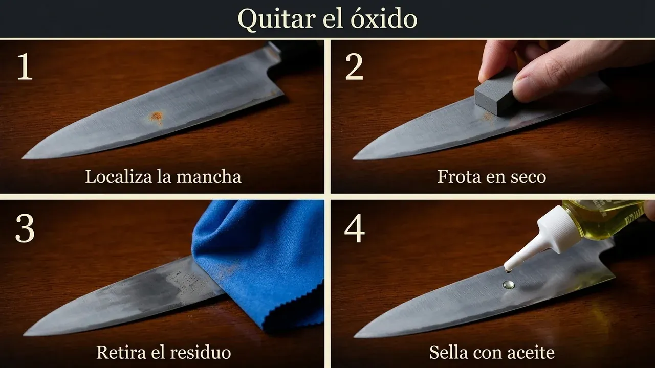 Cómo quitar el óxido con el sabitori en cuatro pasos: localizar la mancha, frotar en seco, retirar el residuo con el paño y sellar la hoja con aceite de camelia