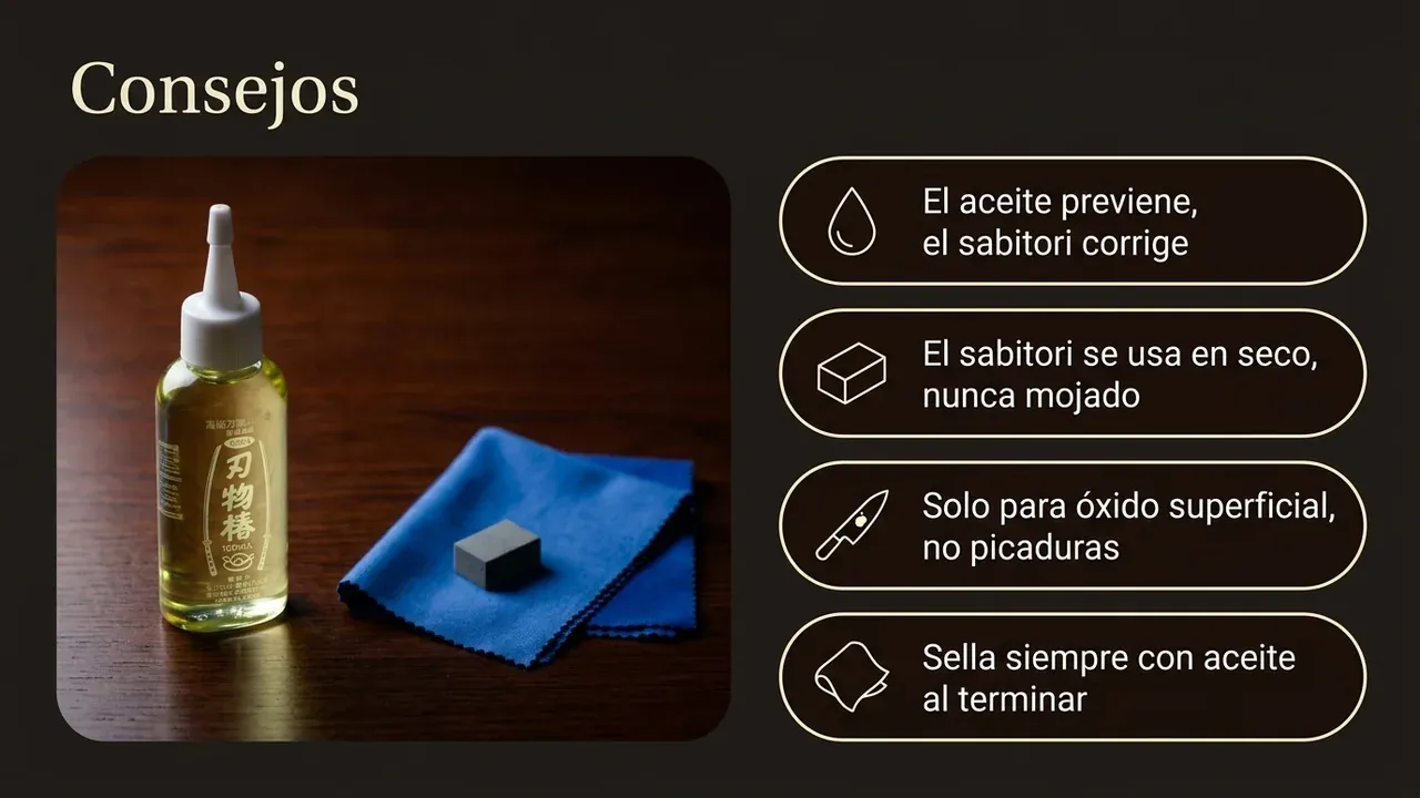 Consejos de uso del kit Yoshihiro: el aceite previene y el sabitori corrige, se usa en seco, solo sirve para óxido superficial y se sella siempre con aceite