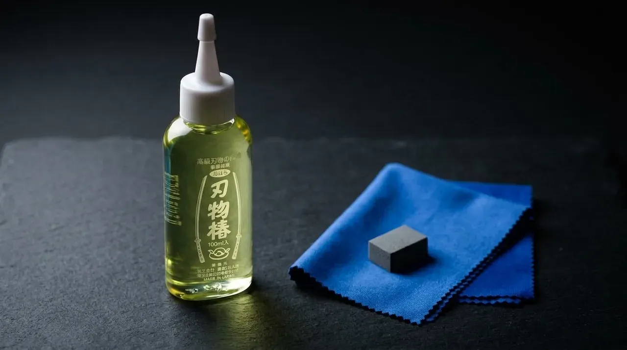 Aceite de camelia Yoshihiro Tsubaki con su cuentagotas, borrador de óxido sabitori y paño de microfibra sobre pizarra oscura