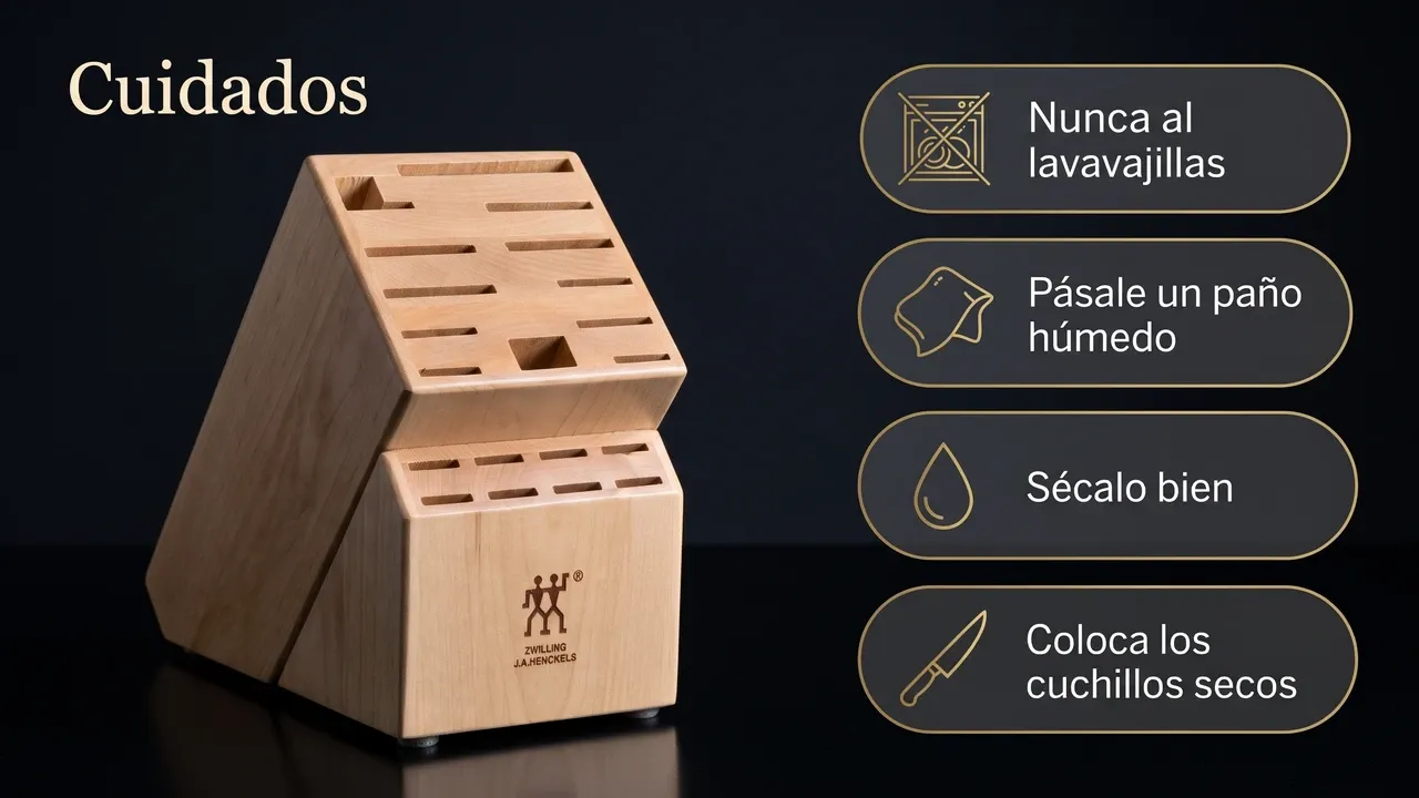 Cuidados del bloque ZWILLING de madera visto de frente: nunca al lavavajillas, un paño húmedo, secarlo bien y colocar los cuchillos secos