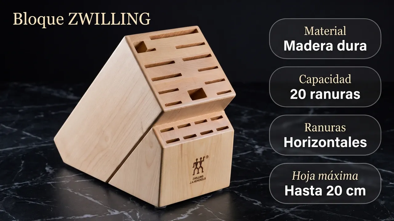 Ficha técnica del bloque ZWILLING 35101-901: madera dura, 20 ranuras horizontales y hojas de hasta 20 cm
