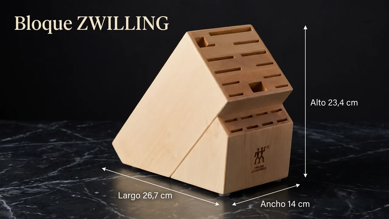Medidas del bloque ZWILLING 35101-901 de 20 ranuras: 26,7 cm de largo, 14 cm de ancho y 23,4 cm de alto, acotado sobre mármol negro