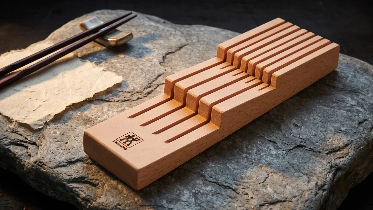 Organizador de cajón ZWILLING de haya con ocho ranuras sobre losa de piedra gris, junto a unos palillos en su reposapalillos y un fragmento de washi